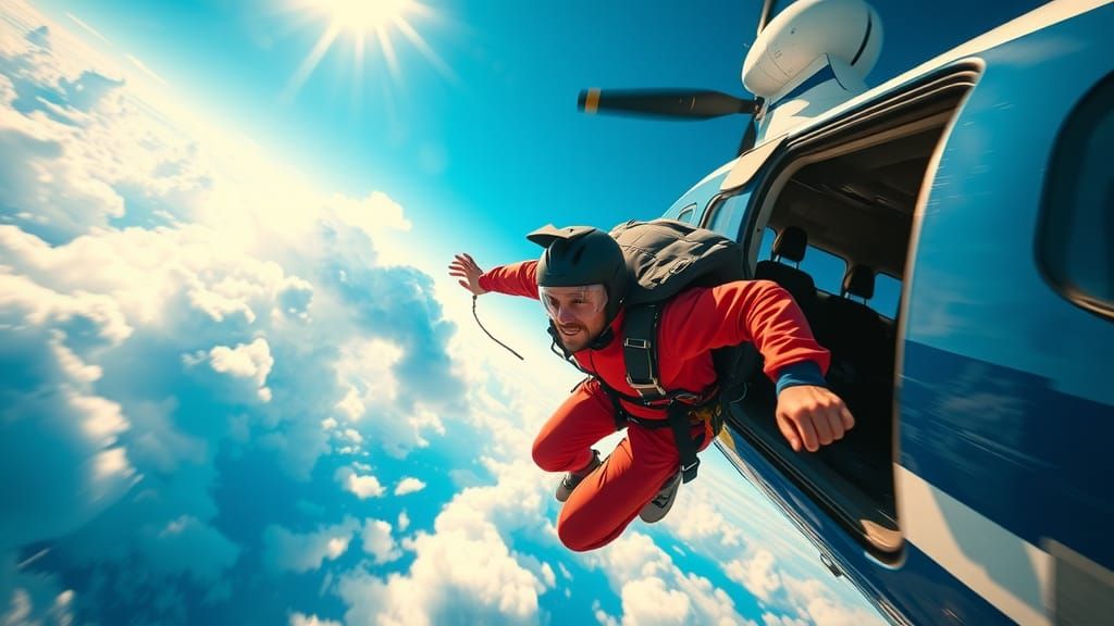 Skydiver Leaps into Action: Cinematic 35mm Aesthetic