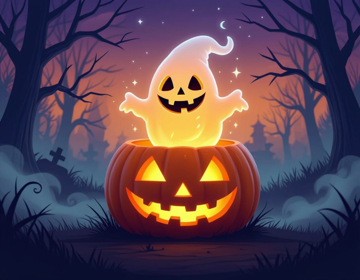 A glowing pumpkin spirit inside a carved lantern, floating o...