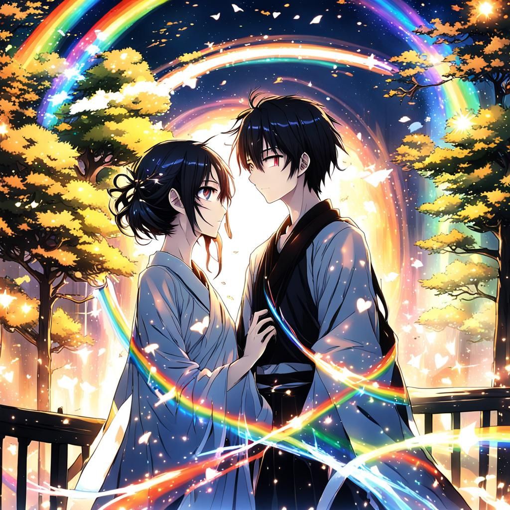 Anime Couple in Love with Rainbow Lighting