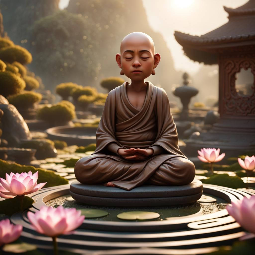 Monk Bobblehead Meditating in Zen Garden: Digital Art