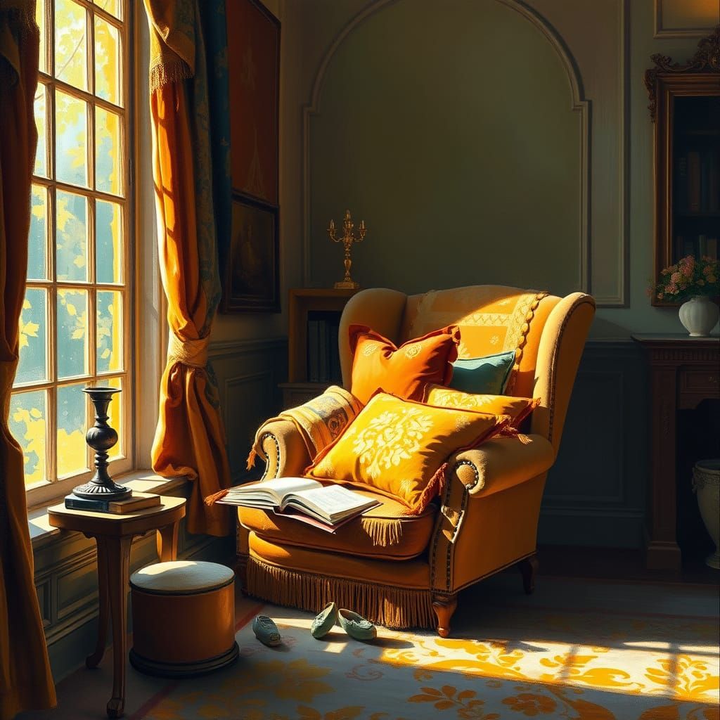 Cozy Reading Nook in Royal House with Embroidered Pillows