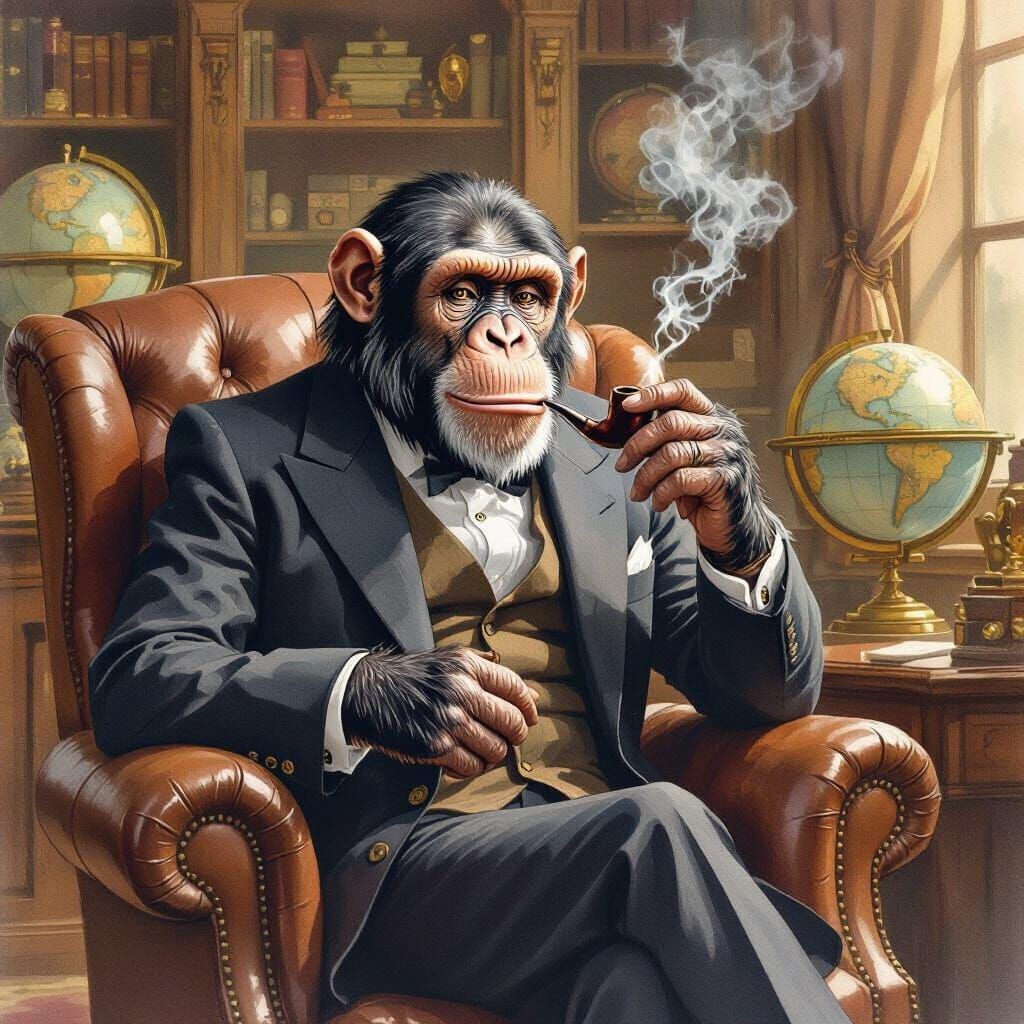 Chimpanzee Gentleman in Wood-Paneled Study, Watercolor Style