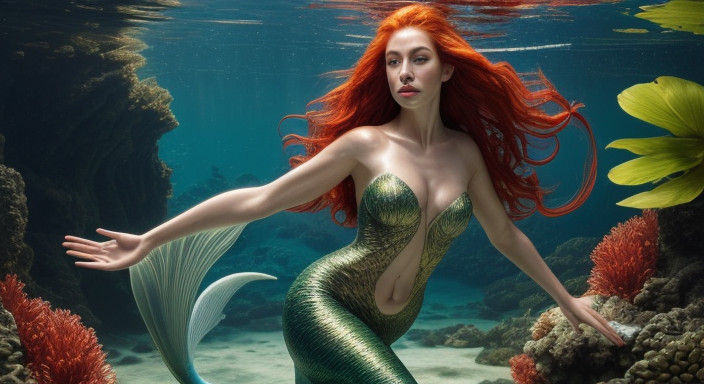 Red-Haired Mermaid Goddess in Exquisite Hyper Realistic Deta...