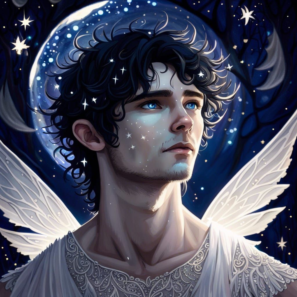 Handsome Fairy with Silver Wings in Moonlit Forest