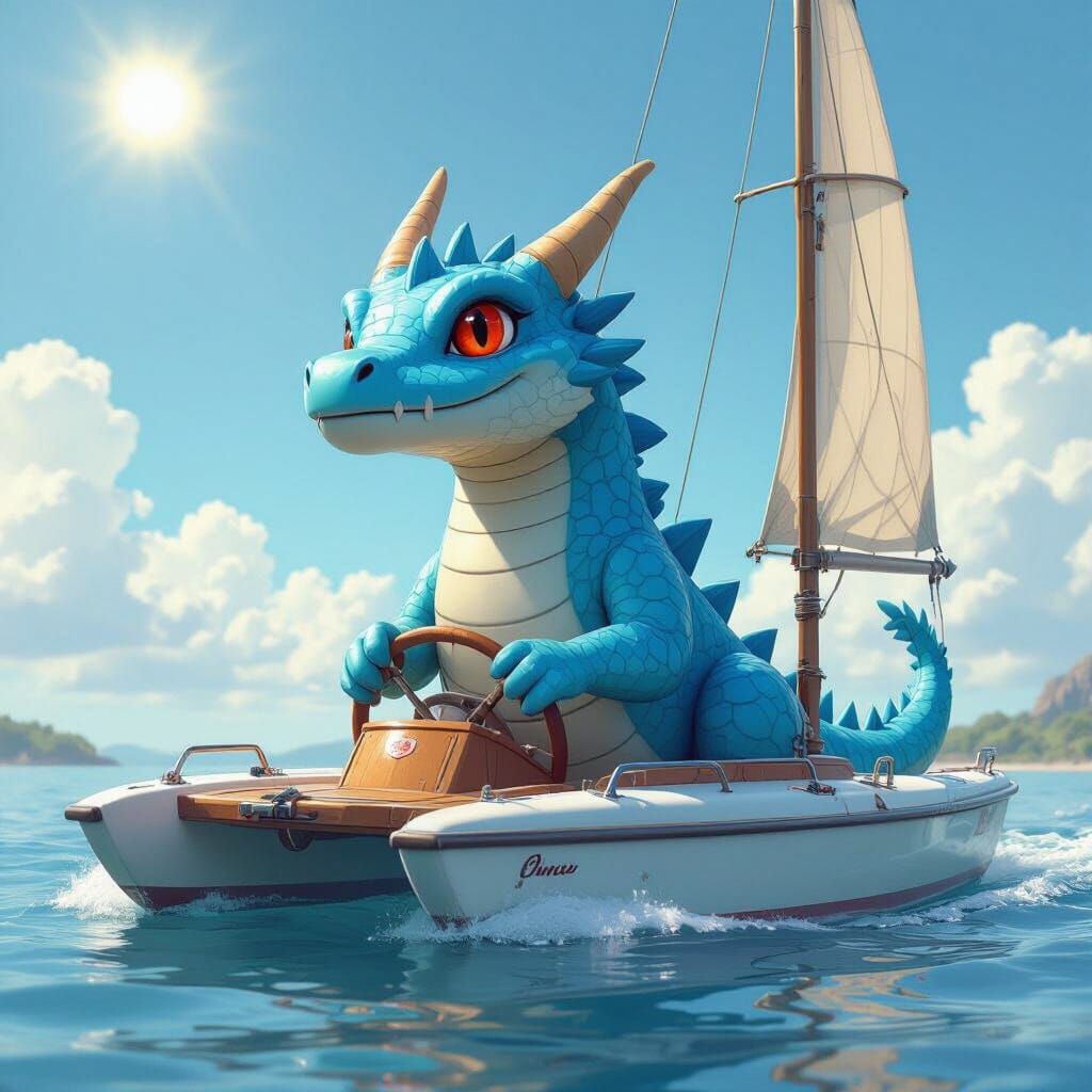 Blue Dragon Piloting Catamaran with Vibrant Lighting