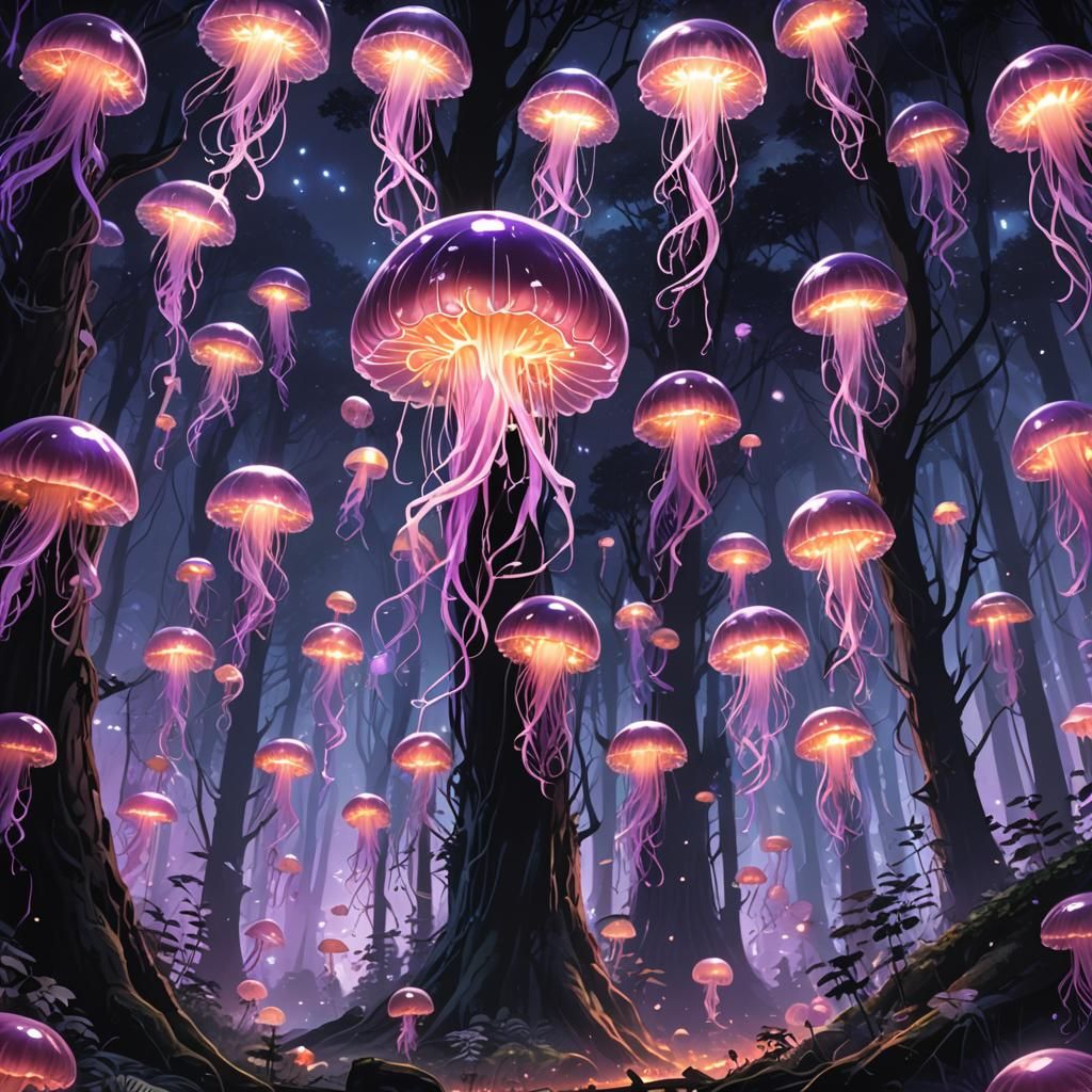 Floating Jellyfish Mountain in Anime Style Forest
