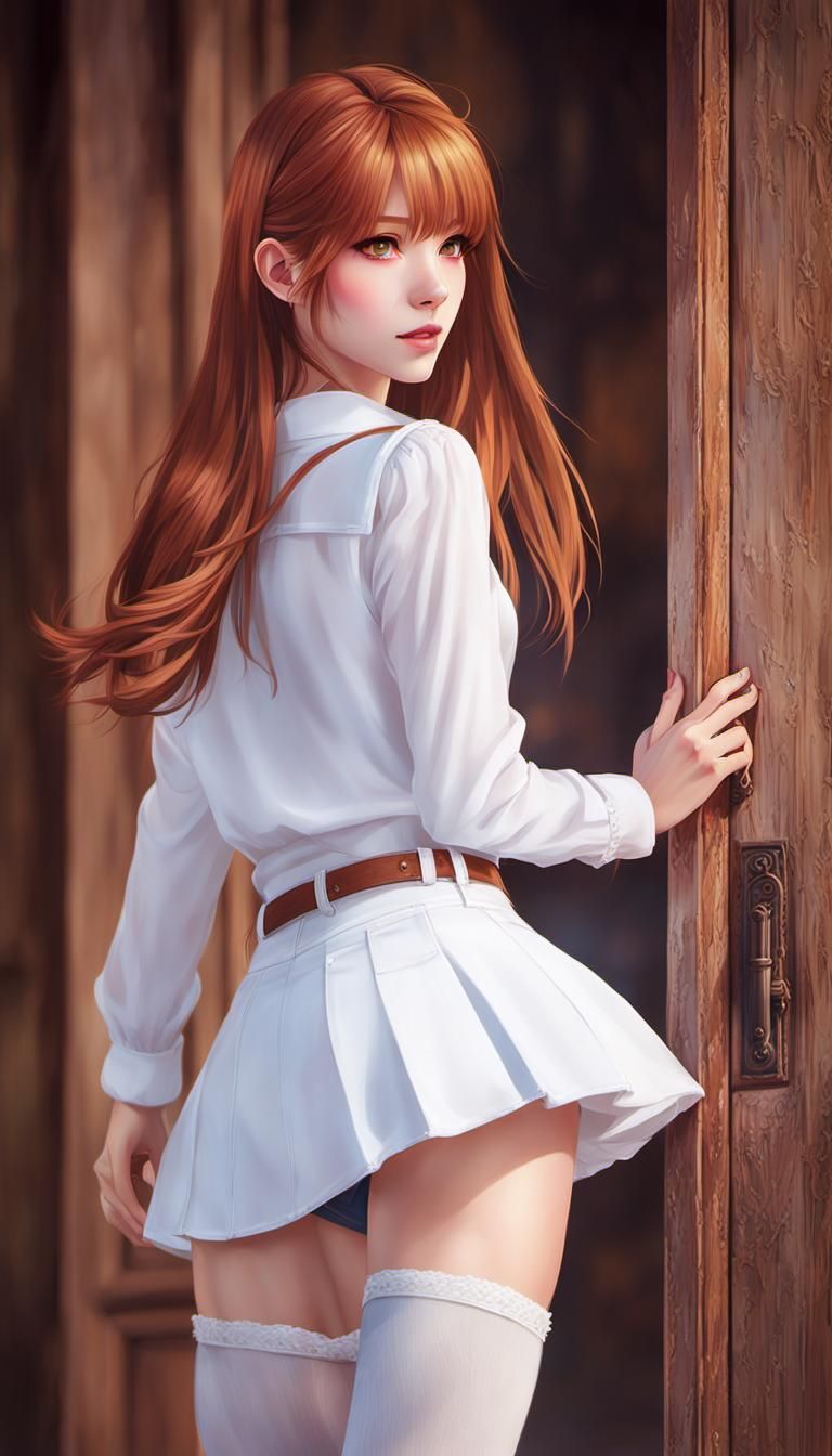 Auburn Haired Woman Before Old Wooden Door