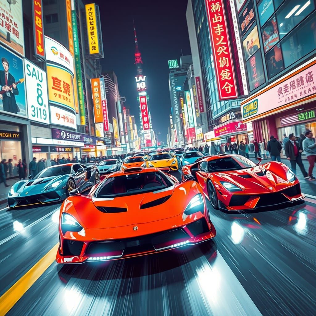Supercars Race Through Tokyo Square in Futuristic Style
