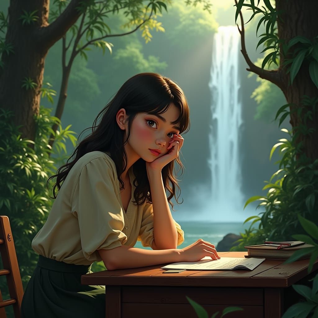 Woman at Desk in Rainforest, Magic Realism