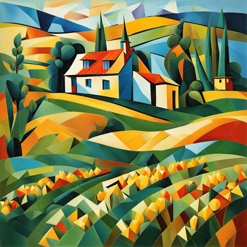 Cubist House in Meadow with Corn Fields