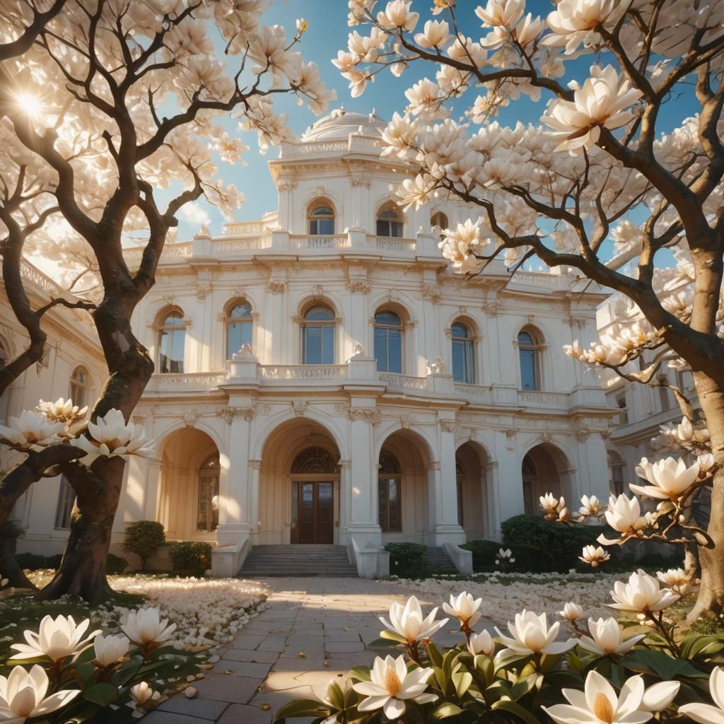 Majestic White Palace with Magnolias in Oil Painting Style