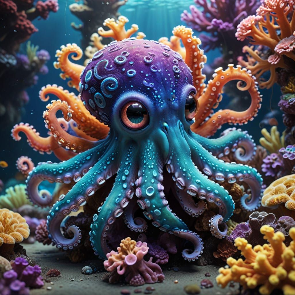 Whimsical Kawaii Baby Octopus in Vibrant Coral Reef