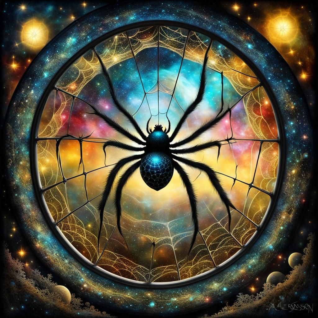 Surreal Galaxy Spiderweb with Bioluminescent Crystals