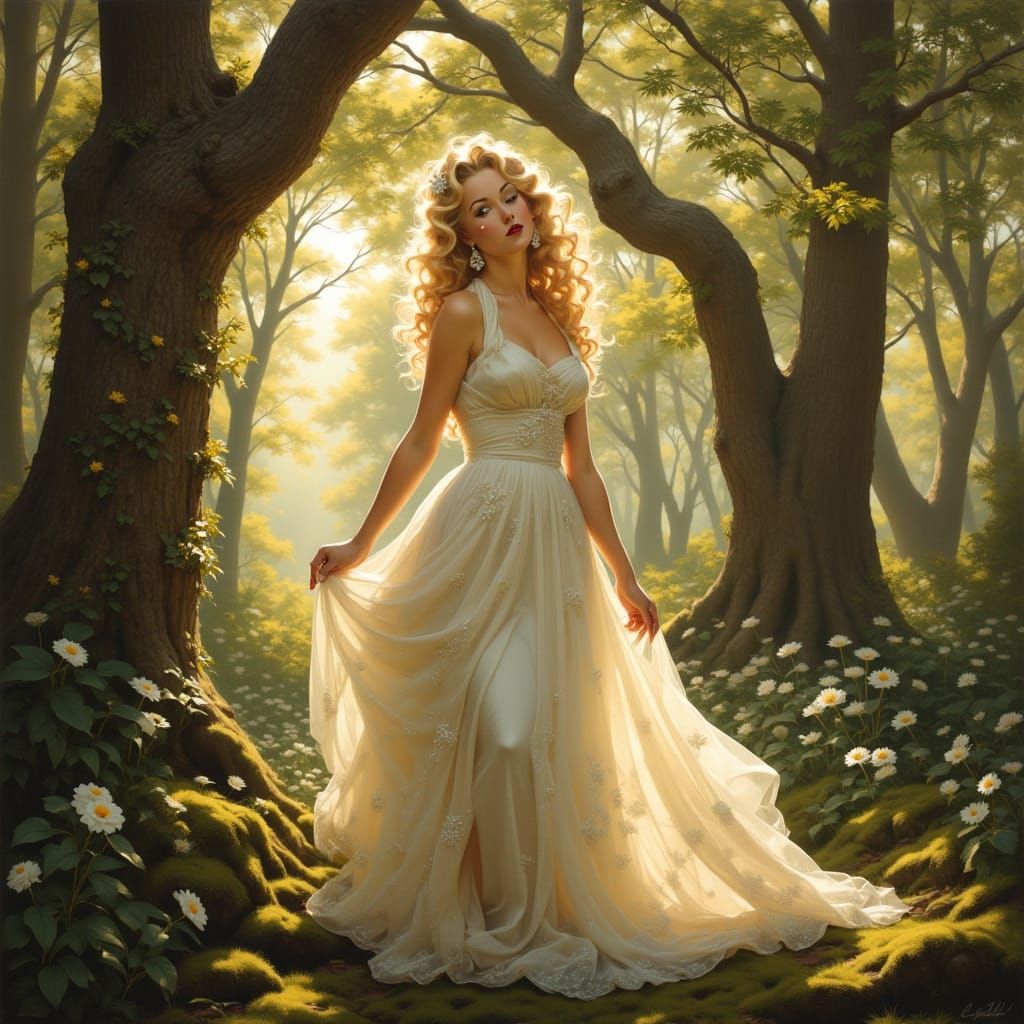 Ethereal Woman in Wildflower Gown in Enchanted Forest