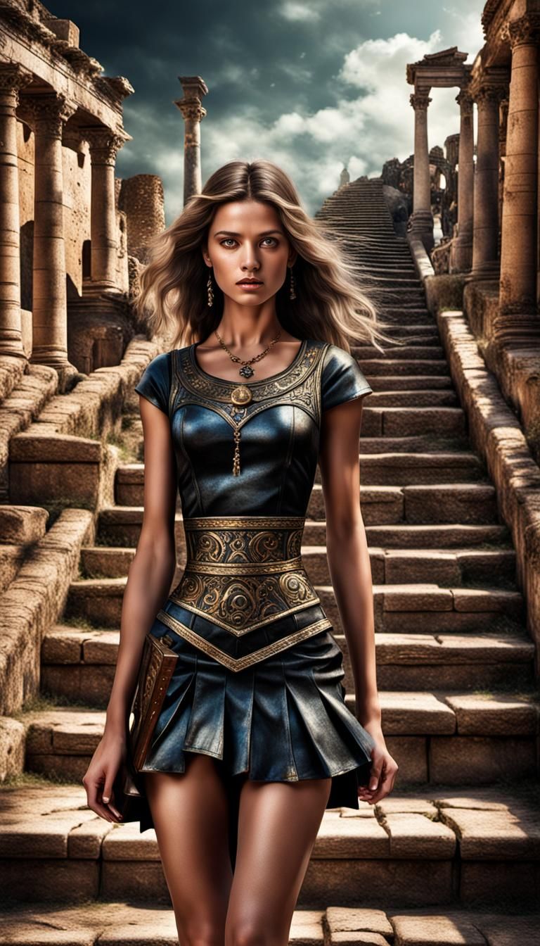 Elegant Woman in Ancient Roman City, Hyperrealistic