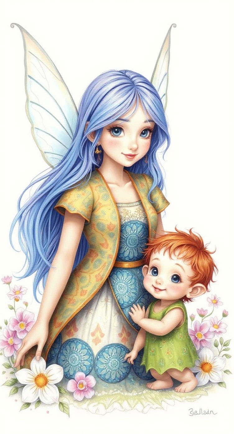 Fairy and Opossum in a Pastel Flower Garden