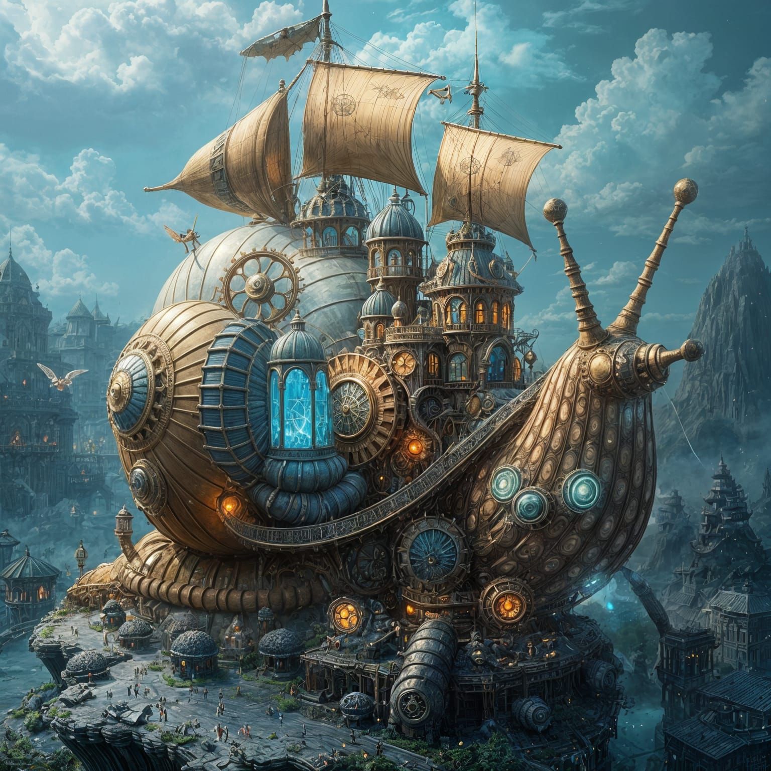 Steampunk Snail Carries Whimsical Cityscape