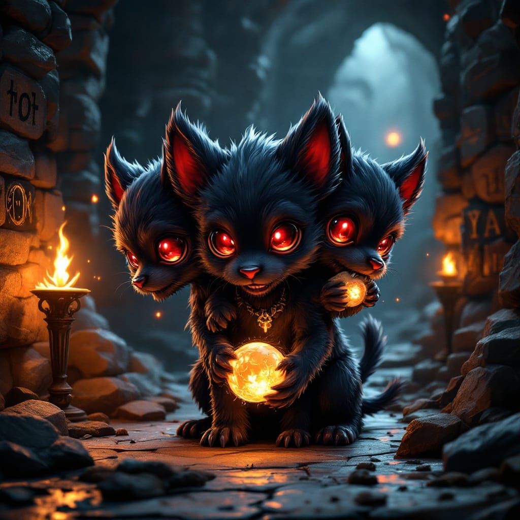 Mystical Three-Headed Chibi Puppy in Charcoal and Ruby