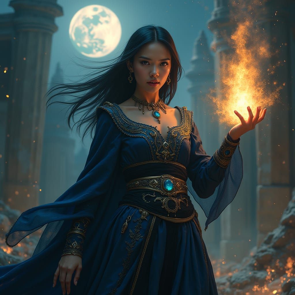 Noble Sorceress Unleashes Light in Moonlit Ruins