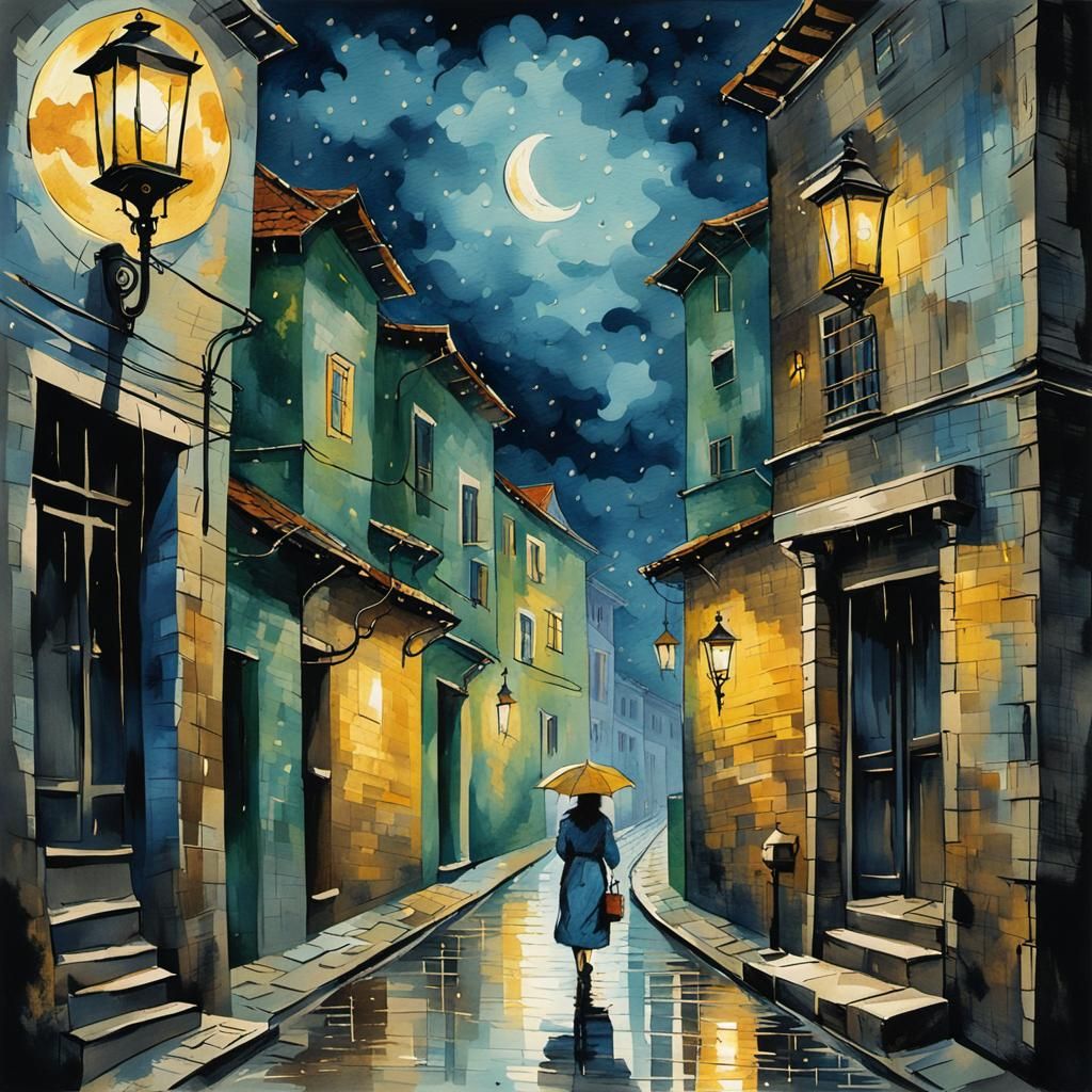 female walking down a narrow alleyway carrying a lantern in the rain : moon shining though stormy clouds : almost silhou...