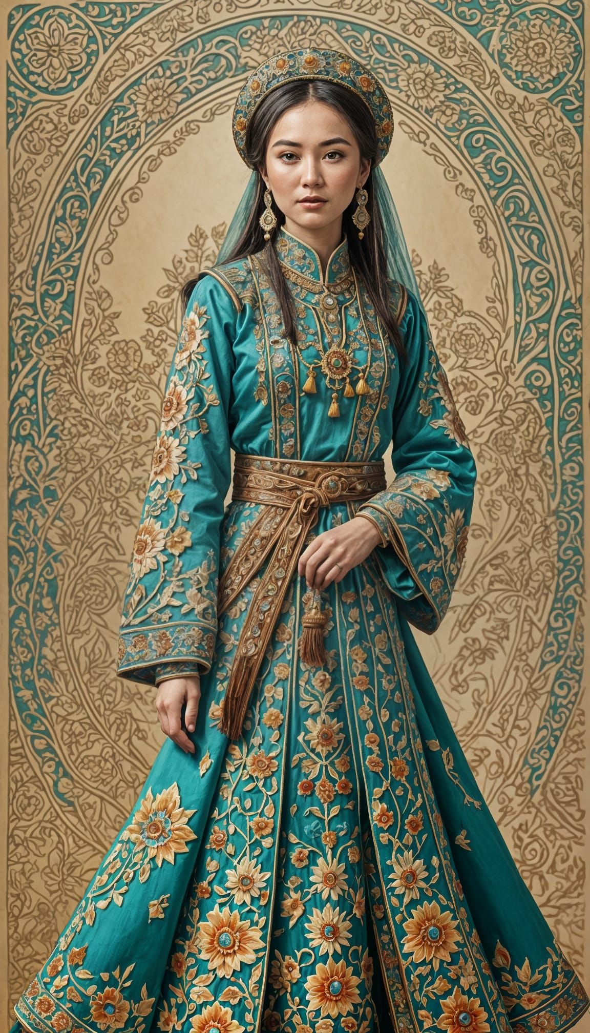 Kazakh Woman in Traditional Folk Outfit Portrait