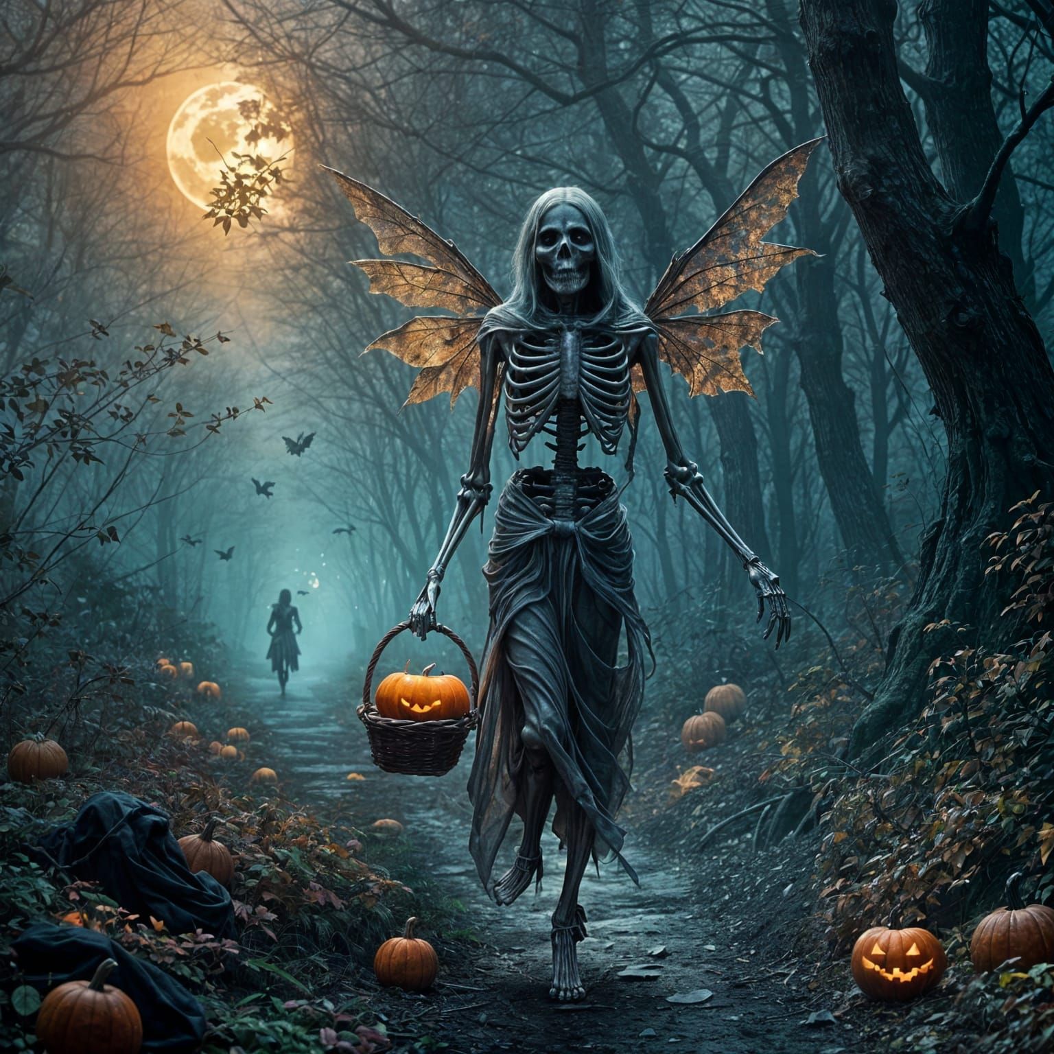 Eerie Forest Scene with Skeleton Fairy
