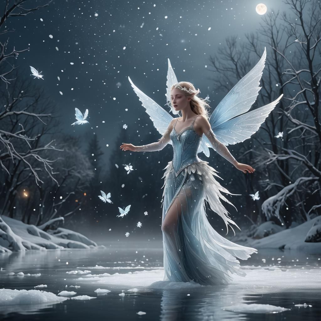 White Fairy on Frozen Lake Digital Painting