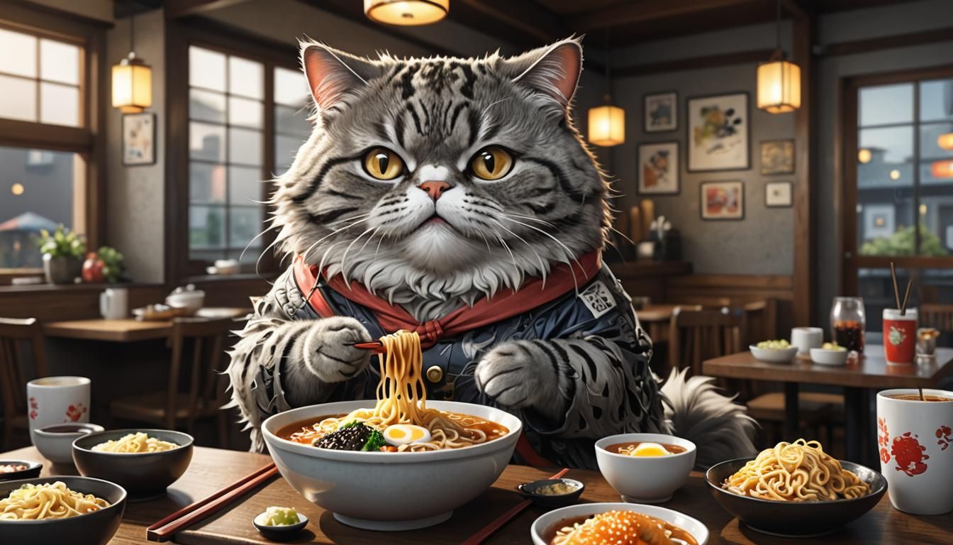 Anime Cat Eating Ramen in Japanese Restaurant