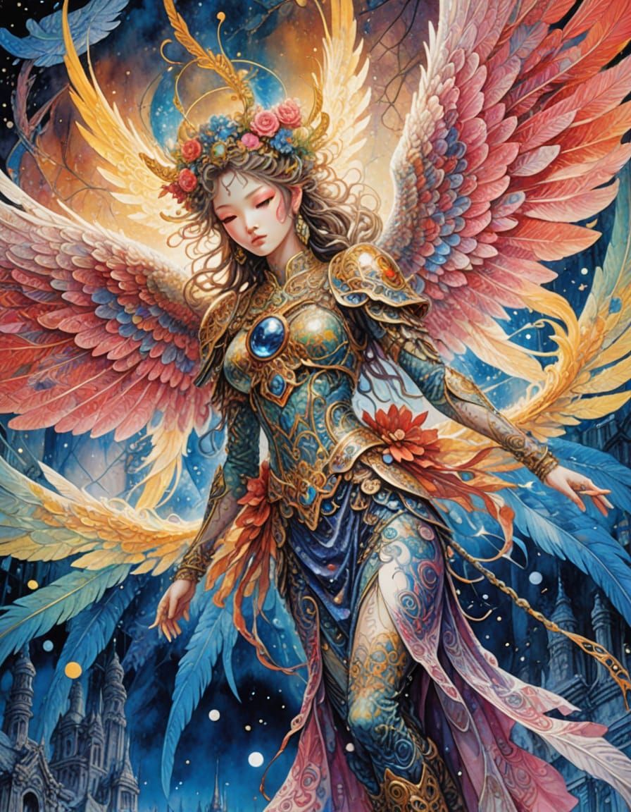 Fantasy Angel with Tribal Tattoos in Pointillism Art