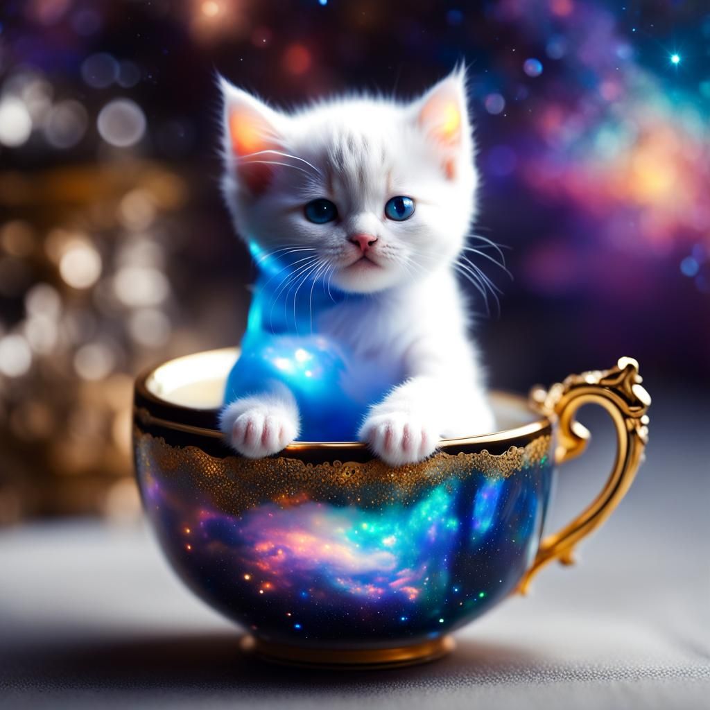 Mini Kitten Asleep in Galaxy Teacup