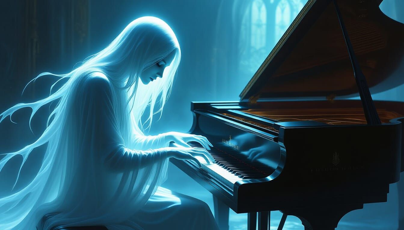Ethereal Hands Play Piano in Dark Fantasy Illustration