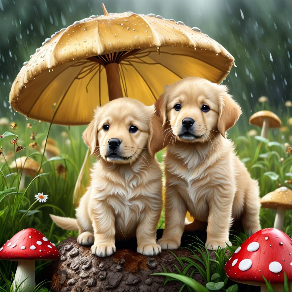 cute golden retriever puppies sheltering from the rain