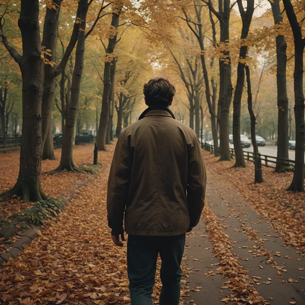 Autumnal Path: Man Walking in Cinematic Film Still