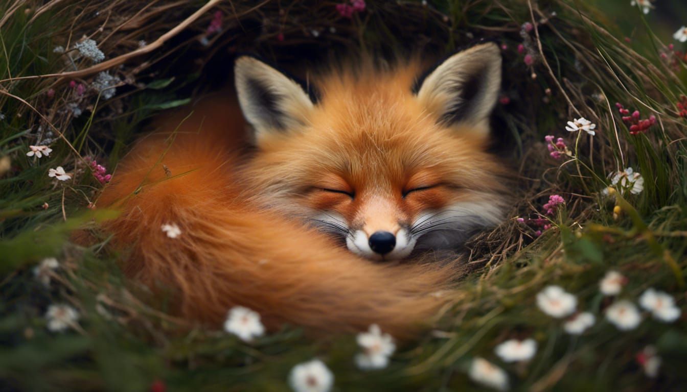 Cute adorable fluffy red fox sleeping in a tiny nest of gras...