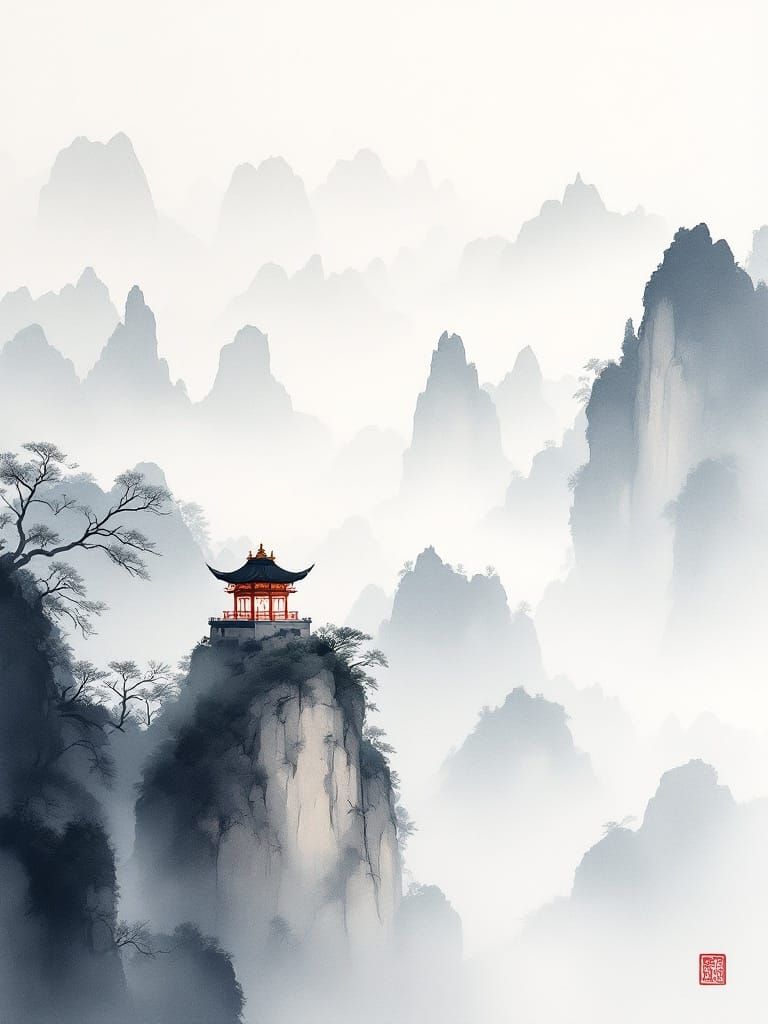Elegant Guilin Landscape in Chinese Watercolor Style