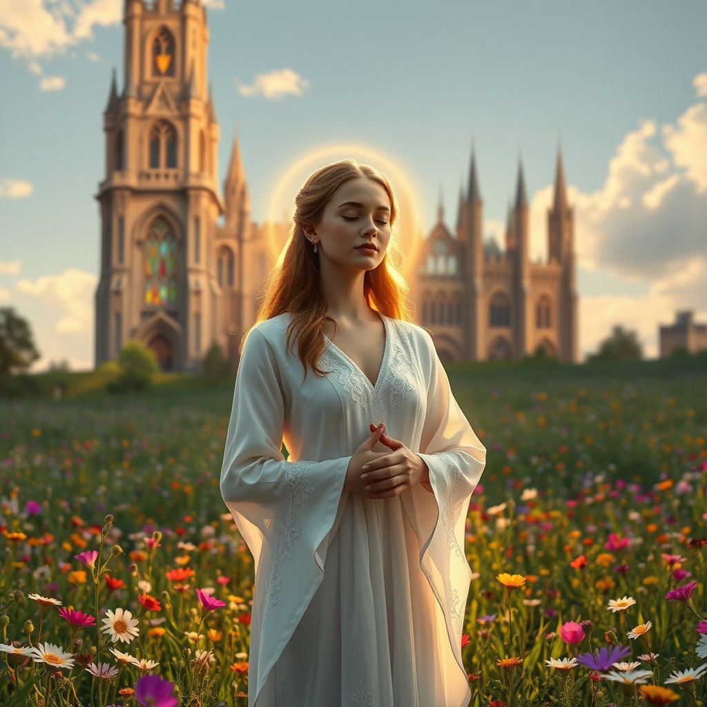 Maiden in Prayer Surrounded by Golden Light