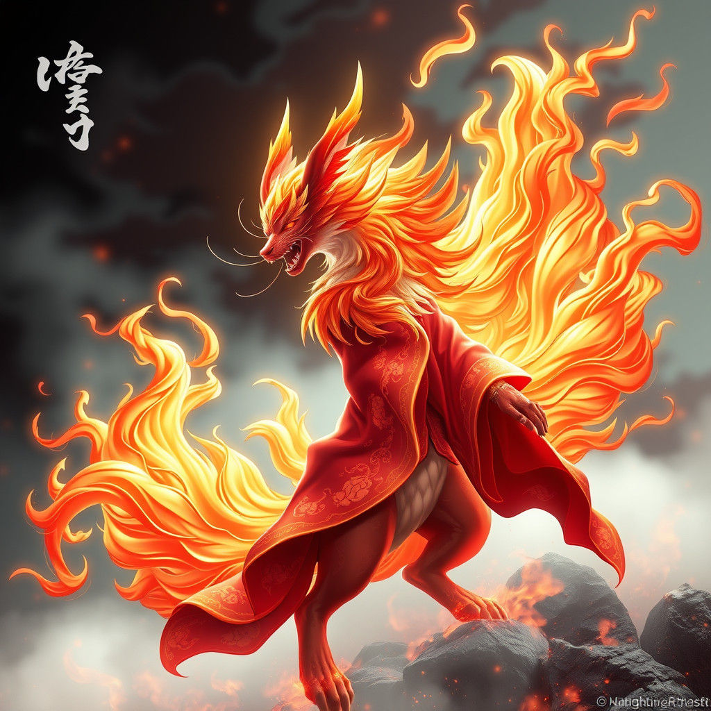 Majestic Fire Kitsune with Nine Tails in Anime Style
