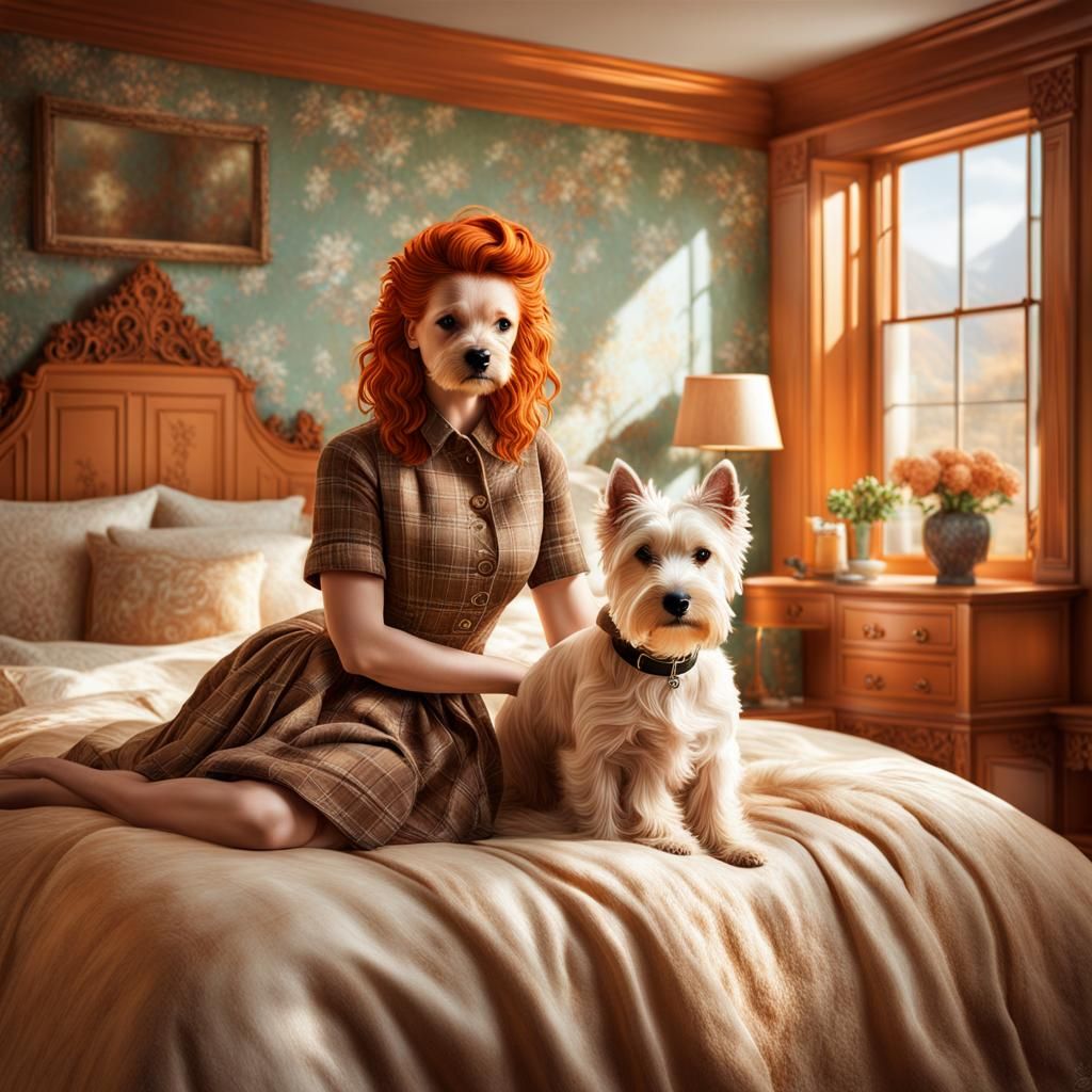 Ginger Girl and Terrier in Fantasy Bedroom