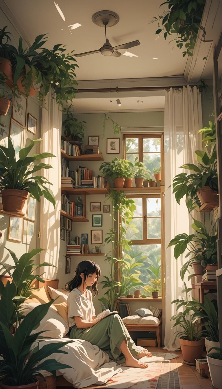 Cozy Anime Bedroom with Lush Plants and Golden Light