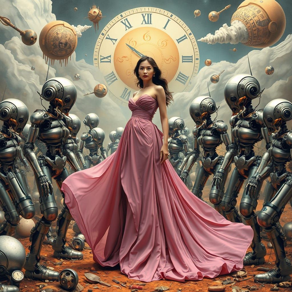 Surrealist Robots in a Melting Clock Landscape