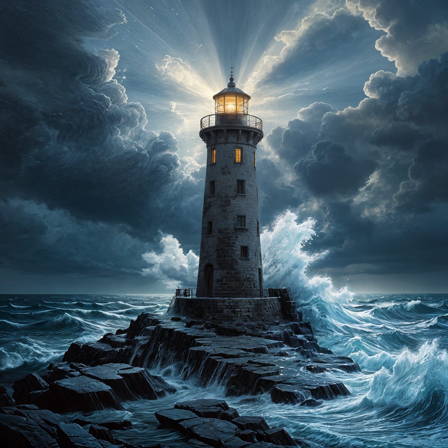 Weathered Lighthouse in Stormy Sea, Caravaggio Van Gogh Doré...