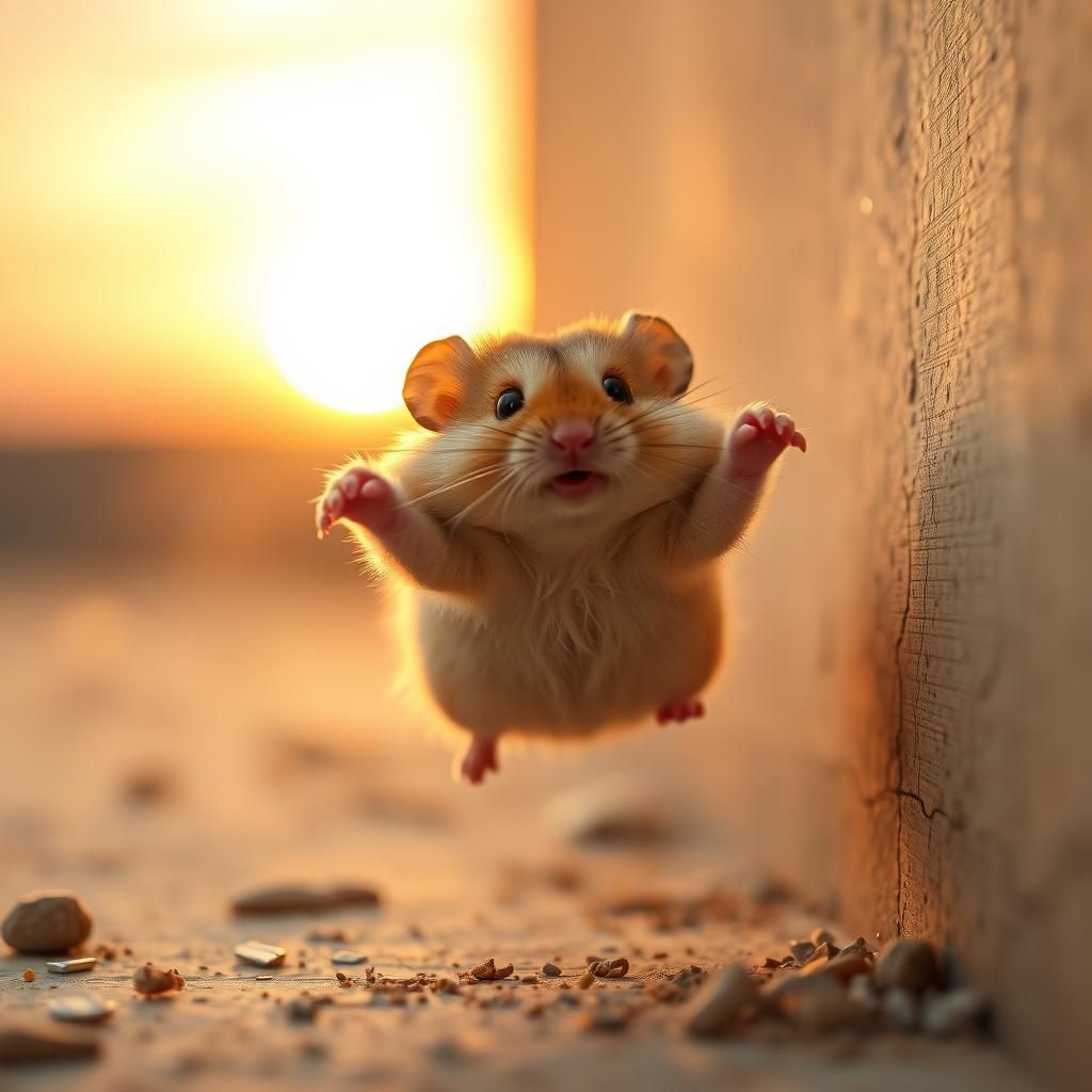 Hamster's Mid-Air Leap in Golden Hour Light