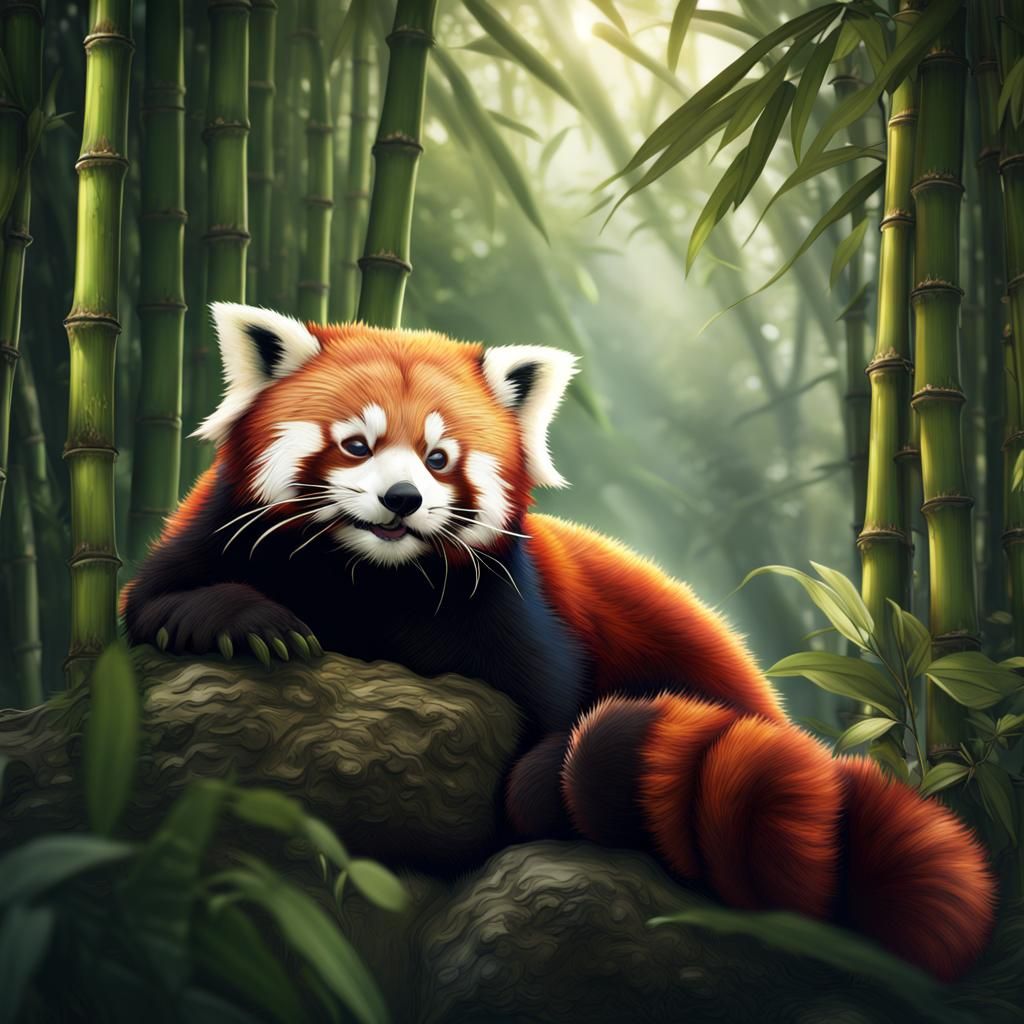 Red Panda Asleep in Bamboo Forest Painting