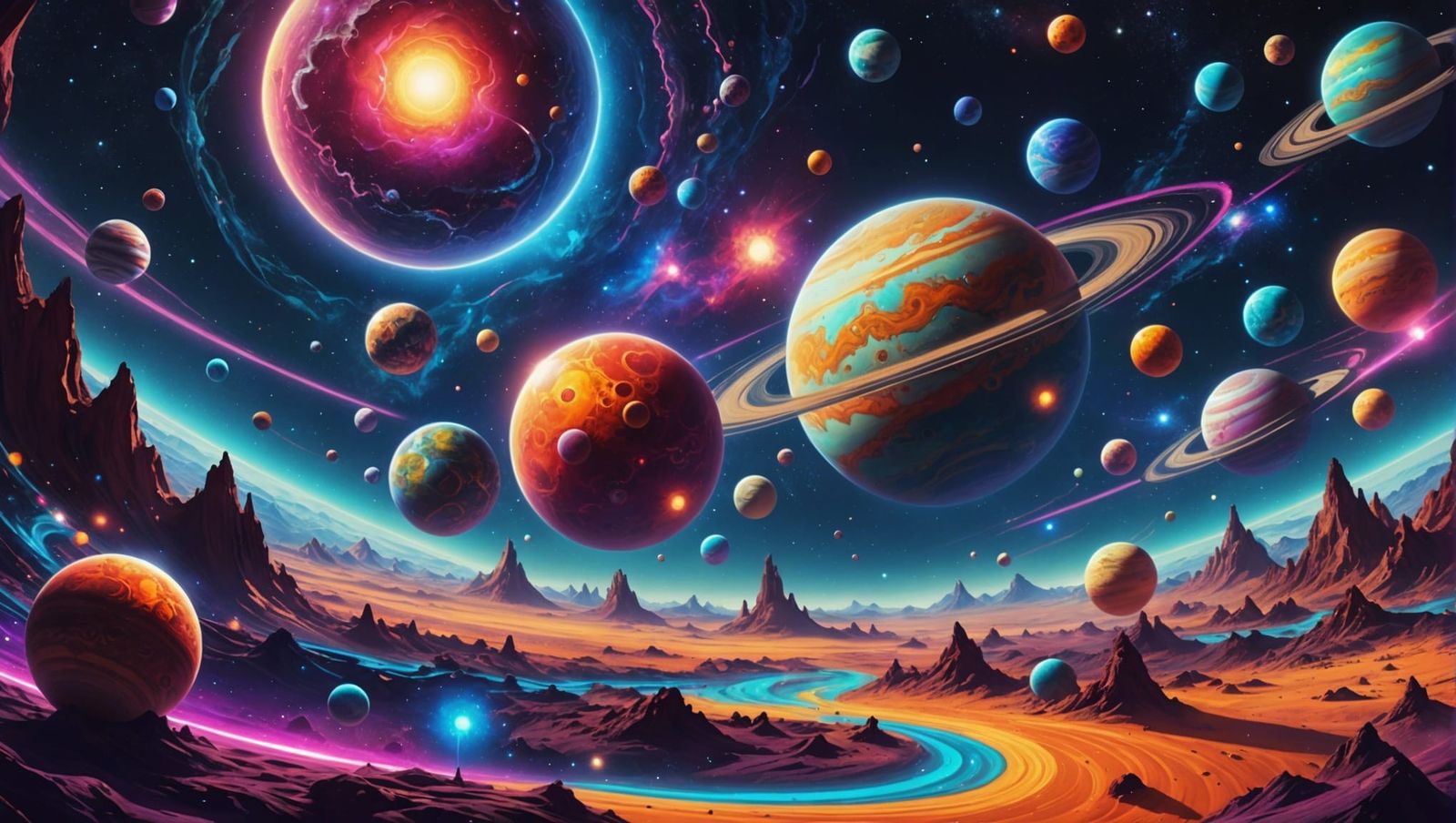 Psychedelic Galaxy Trip with Glowing Planets