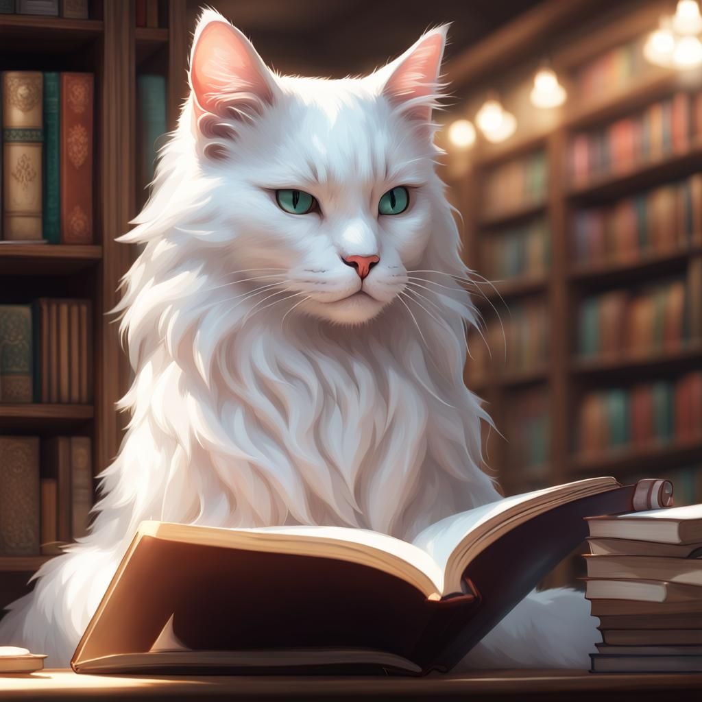 Cat Reads Book in Library: Detailed Portrait