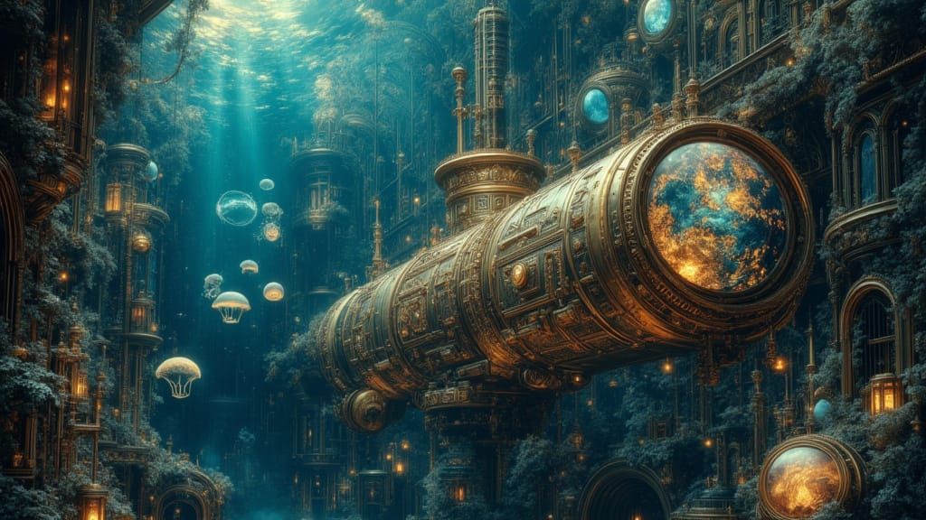 Steampunk Submarine Explores Bioluminescent Deep Sea Trench