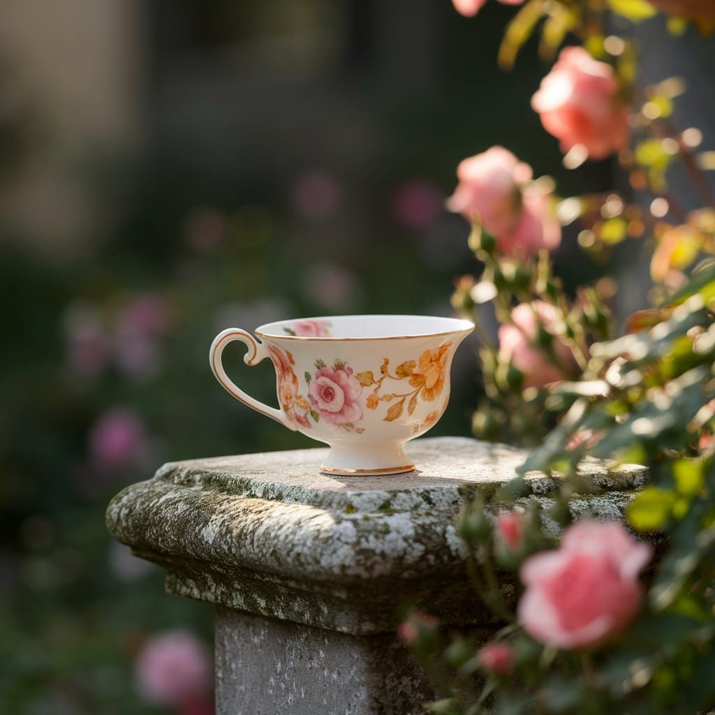 Exquisite Porcelain Teacup on Stone Pedestal in Garden Light