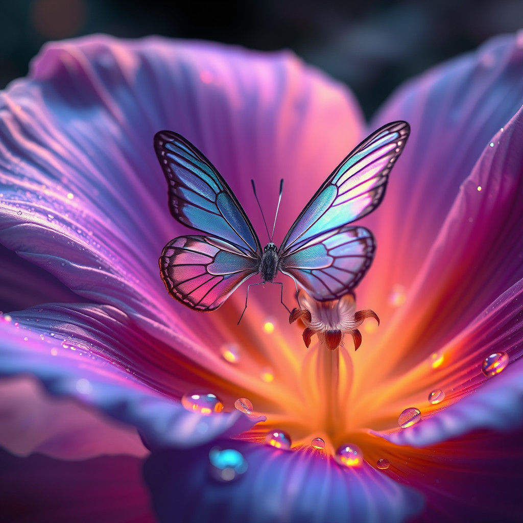 Iridescent Butterfly on Mystical Flower in Dreamy Mist
