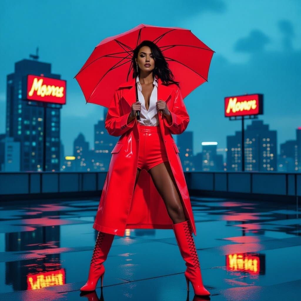 Woman Transformed with Vibrant Red Accents