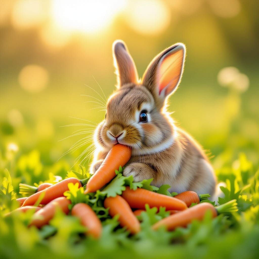 Fluffy Rabbit Enjoys Lettuce Carrots in Sunny Meadow